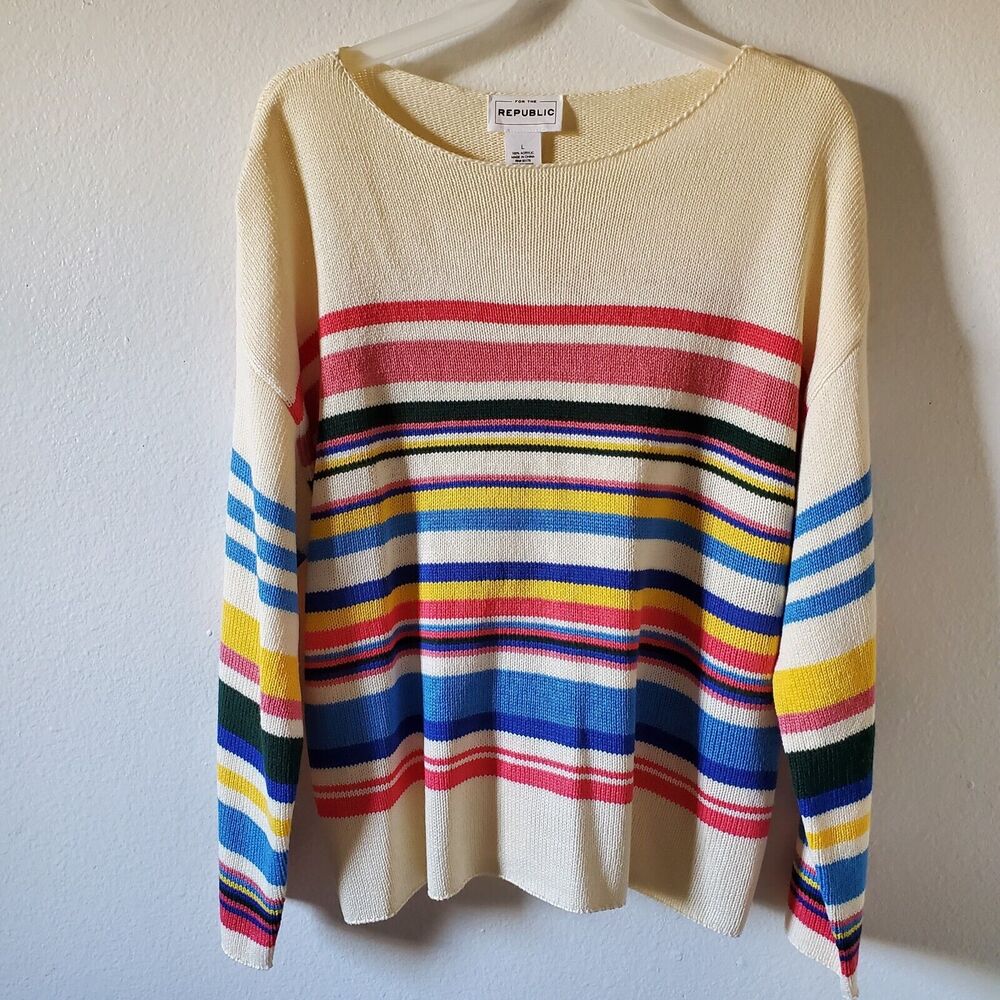 For The Republic Pullover Sweater Womens L Ivory Stripe LS Wide Neck Scoop New